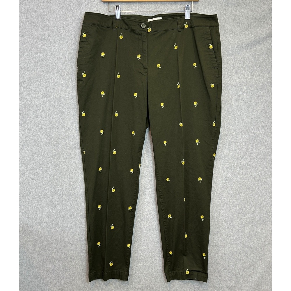 Talbots Chino Pants Olive Green Sunflower Embroidered Cottage Autumn Size 16W